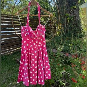 Pink Polka Dot Cotton Dress Size L | Made in USA Retro Halter Fit & Flare